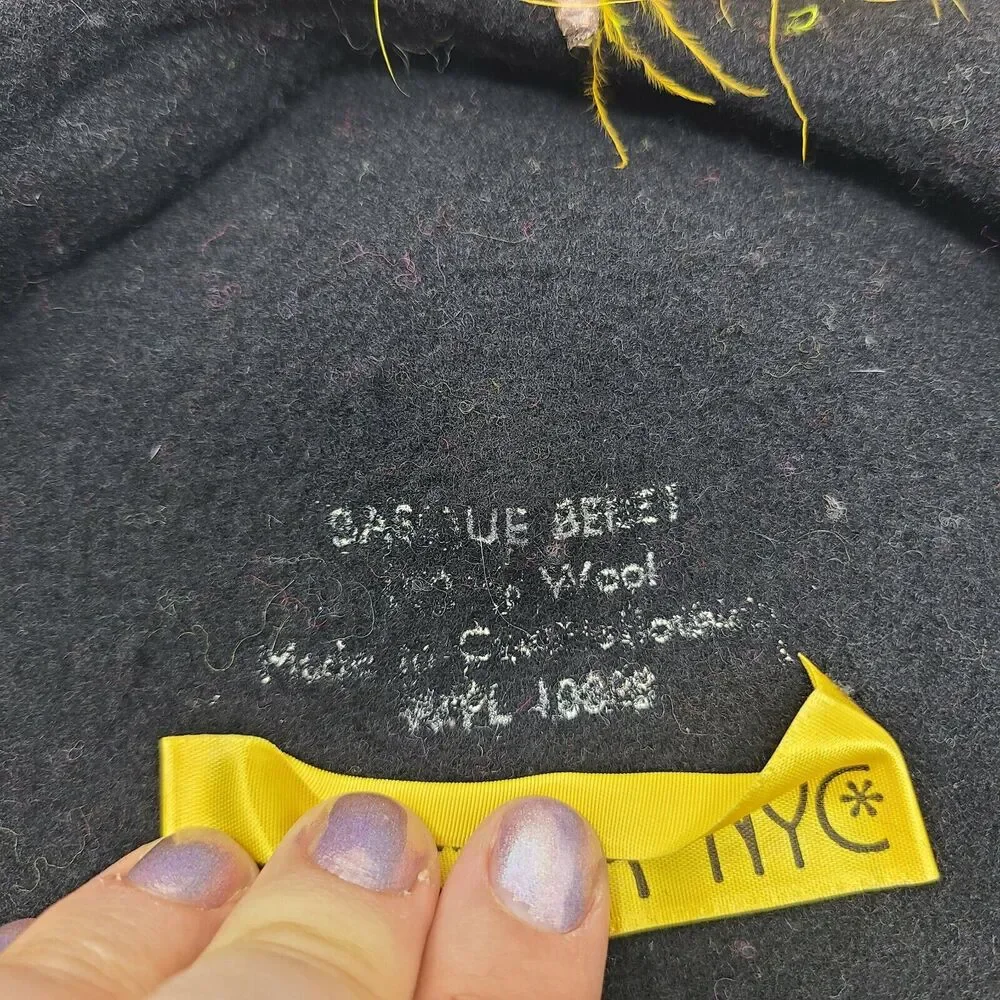 Vintage Yellow Feather Womens Black 100% Wool Basque Beret Christina NYC Artsy